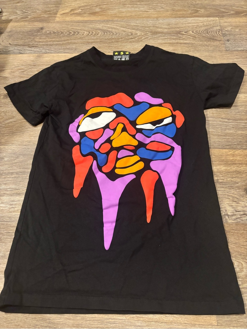 RUGSODA Melted Face Graphic T Shirt S Black Multicolor Puff Print Streetwear Art